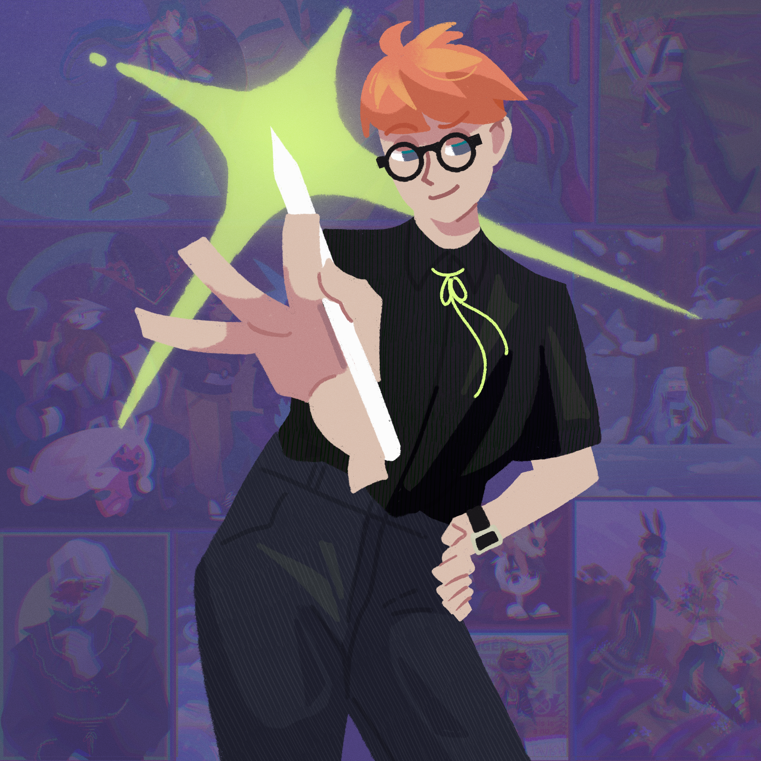 Self portrait of Urara. They're standing back to the camera, working on a drawing on their iPad. Urara has a buzzcut, wears a dress in a nature-inspured patterns and a big earrings.